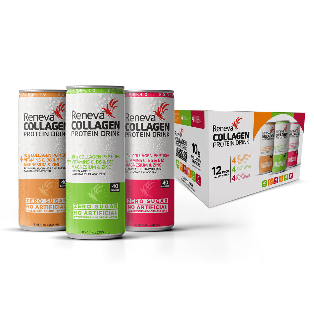 Reneva Collagen Protein Drink - 10g Collagen Peptides, Electrolytes, B-Vitamins, Zinc, and Zero Sugar (Variety Pack, 12 Count Cans)…