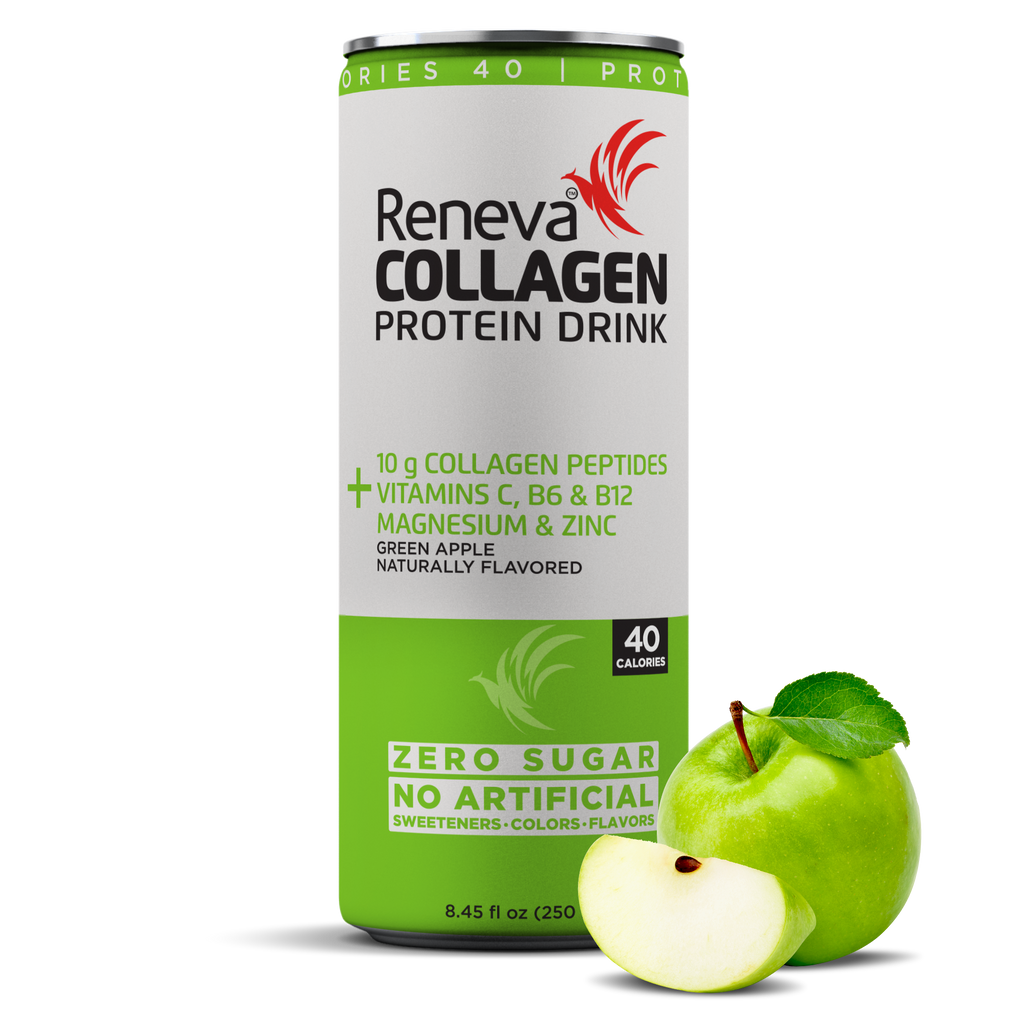 Reneva Collagen Protein Drink - 10g Collagen Peptides, Electrolytes, B-Vitamins, Zinc, and Zero Sugar… (Green Apple, 12 Count Cans)