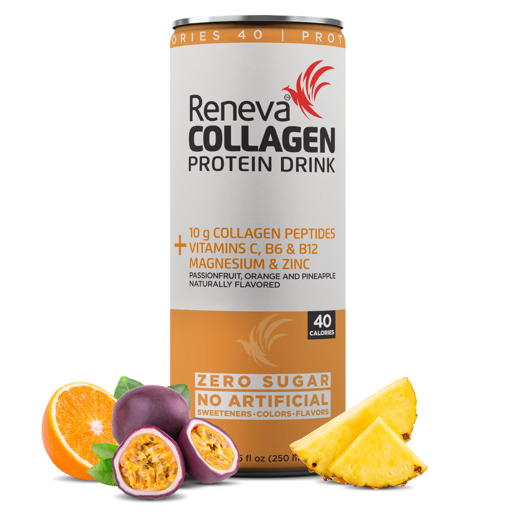 Reneva Collagen Protein Drink - 10g Collagen Peptides, Electrolytes, B-Vitamins, Zinc, and Zero Sugar (Passionfruit Orange Pineapple, 12 Count Cans)