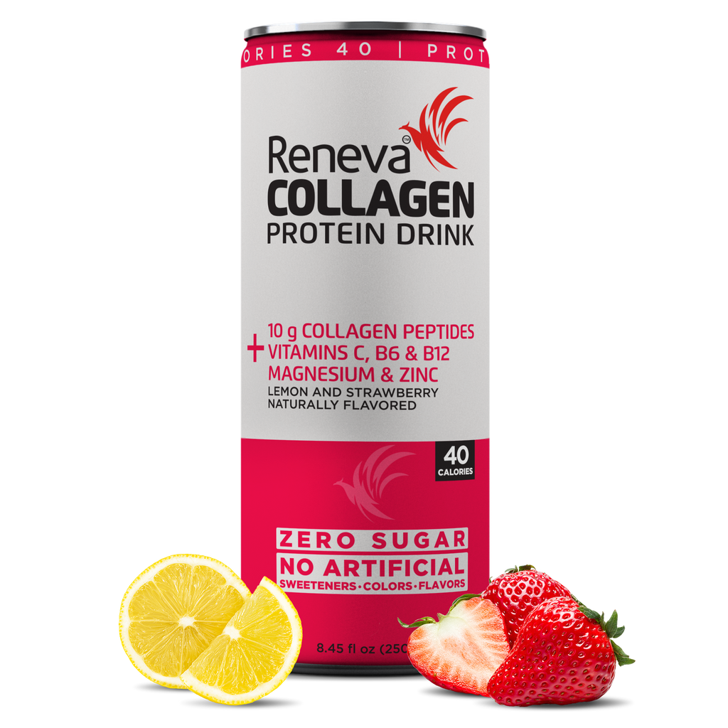 Reneva Collagen Protein Drink - 10g Collagen Peptides, Electrolytes, B-Vitamins, Zinc, and Zero Sugar (Strawberry Lemon, 12 Count Cans)