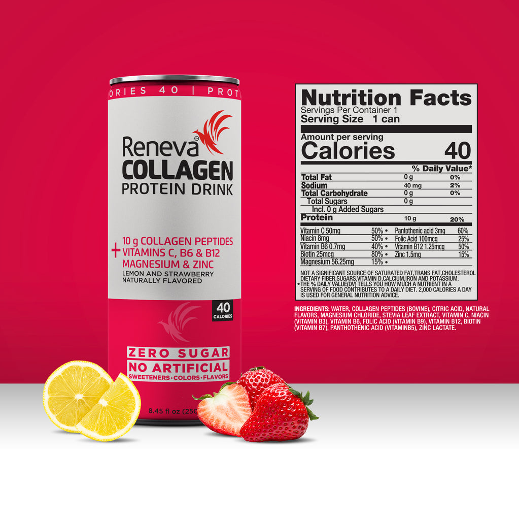 Reneva Collagen Protein Drink - 10g Collagen Peptides, Electrolytes, B-Vitamins, Zinc, and Zero Sugar (Strawberry Lemon, 12 Count Cans)