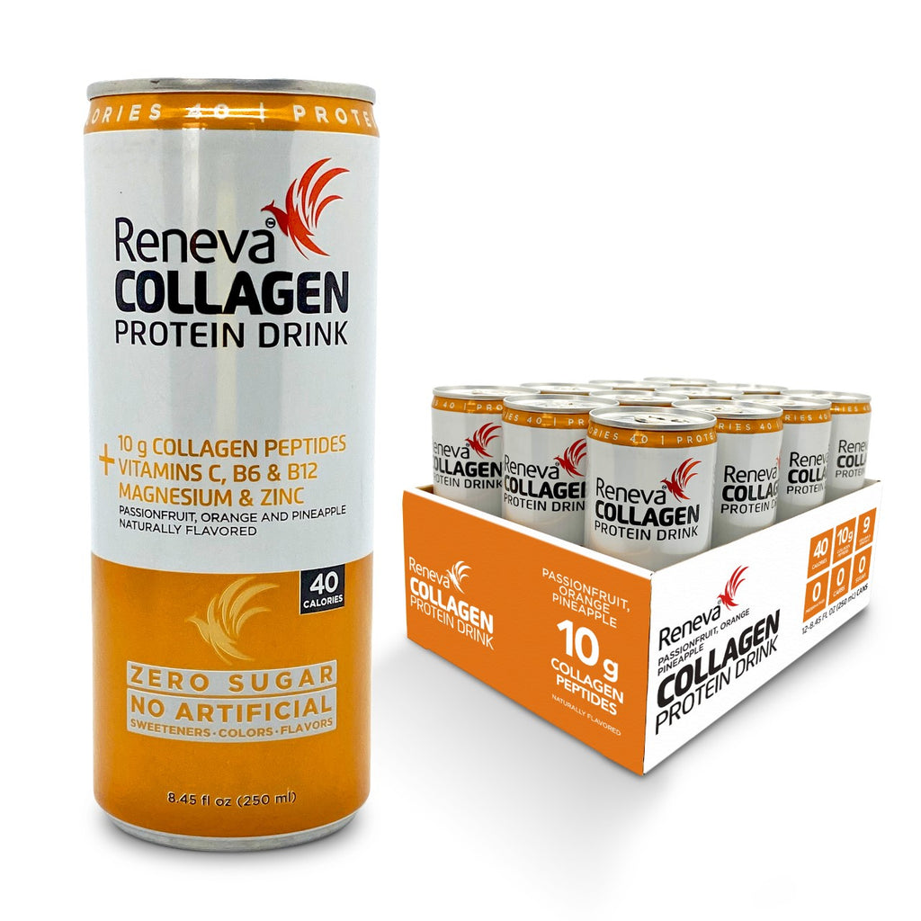 Reneva Collagen Protein Drink - 10g Collagen Peptides, Electrolytes, B-Vitamins, Zinc, and Zero Sugar (Passionfruit Orange Pineapple, 12 Count Cans)